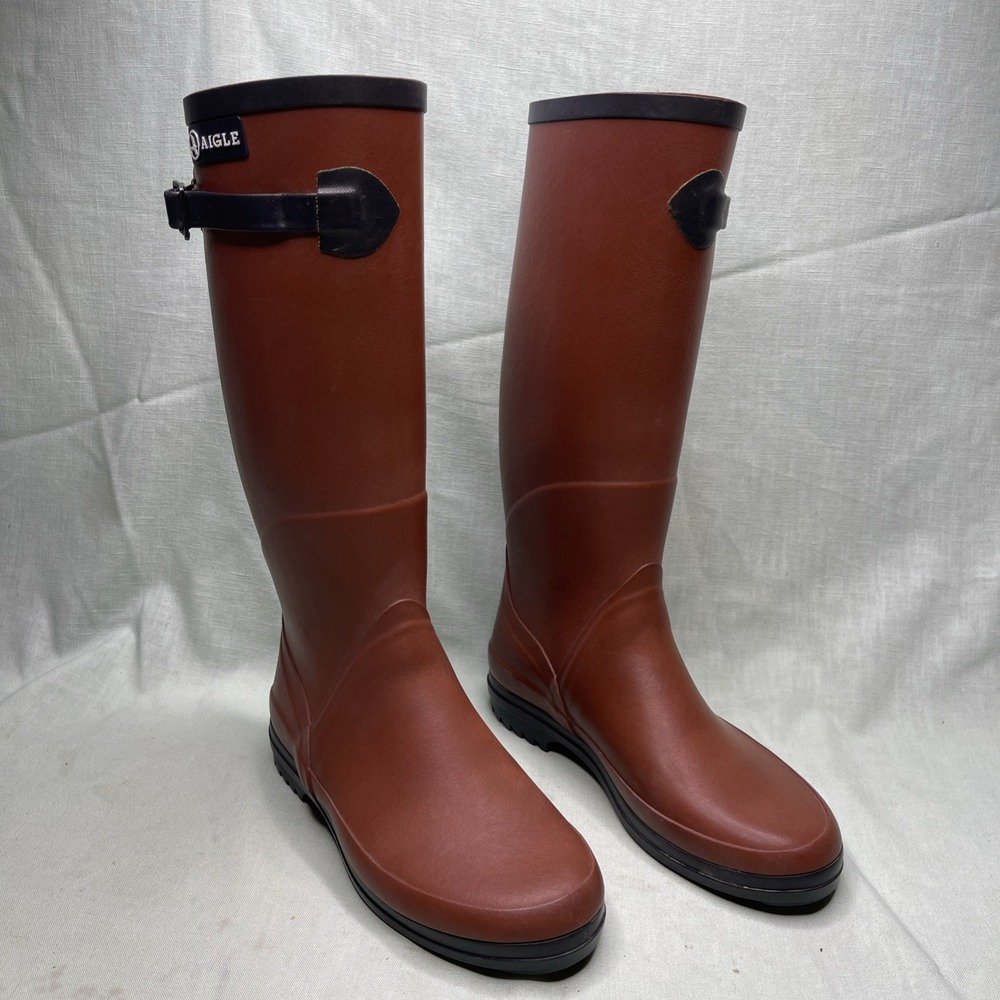 Aigle Rain Boots Women 36 Red Brown Rubber Tall Made In France Waterproof